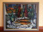 Ю.И.Талдыкин натюрморт с двумя рыбами и бутылками